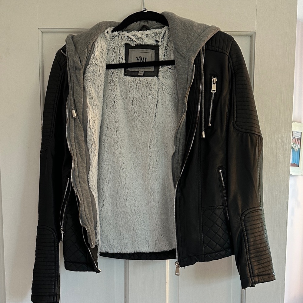 Women’s Black Faux Leather Hooded Jacket with Gray Sherpa Lining